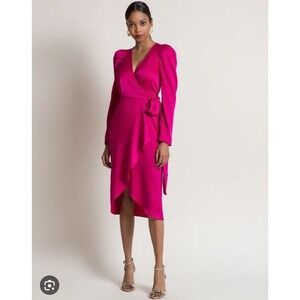 Chelsea Walker Size 2 North Wrap Dress Hot Pink V Neck Puff Sleeves Tie Waist